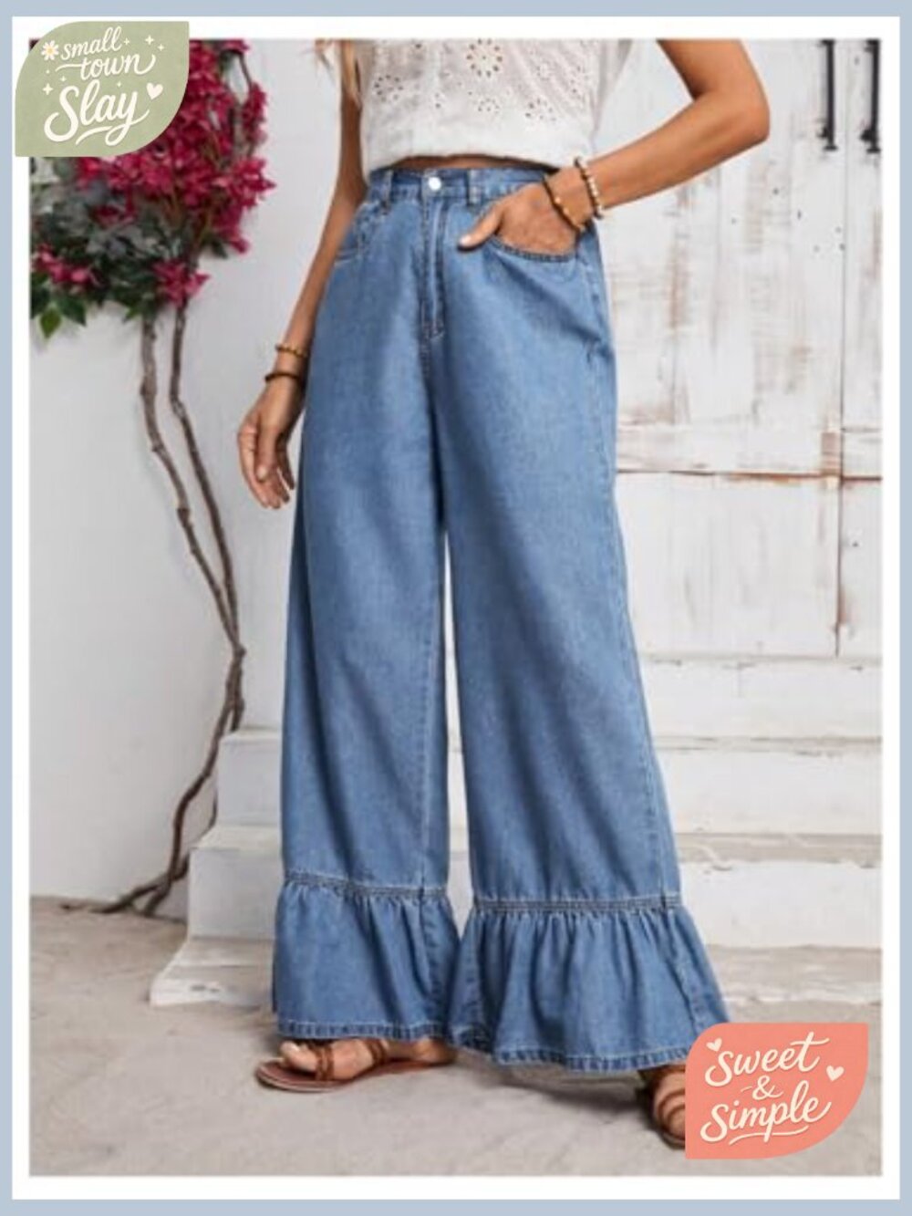 High Waist Wide Leg Ruffled Hem Baggy Jeans Denim Pants - Picture 4 of 6